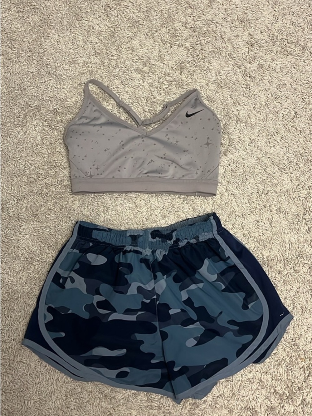Nike Gray Speckle Sports Bra with Nike Blue Camo Running Shorts
